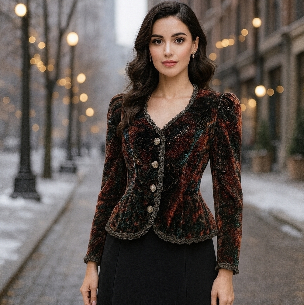 80s VINTAGE SHUET YOUNG For HW, Black Floral Velour Teddy Jacket, US Women's 6